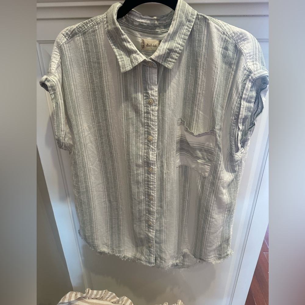 Altar'd State Striped Button Down Shirt - Green and White